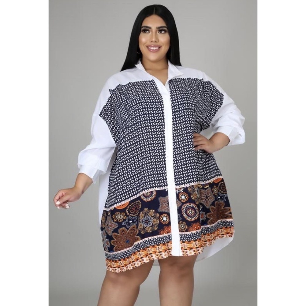GoodTimeUsa Plus Size Boho Shirt Dress 1X-2X Button Up Tunic White Patchwork New